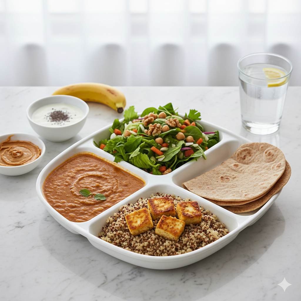 Vegetarian Male Calorie Needs - High-protein vegetarian foods (paneer, lentils, nuts) laid out to meet daily energy and muscle targets.