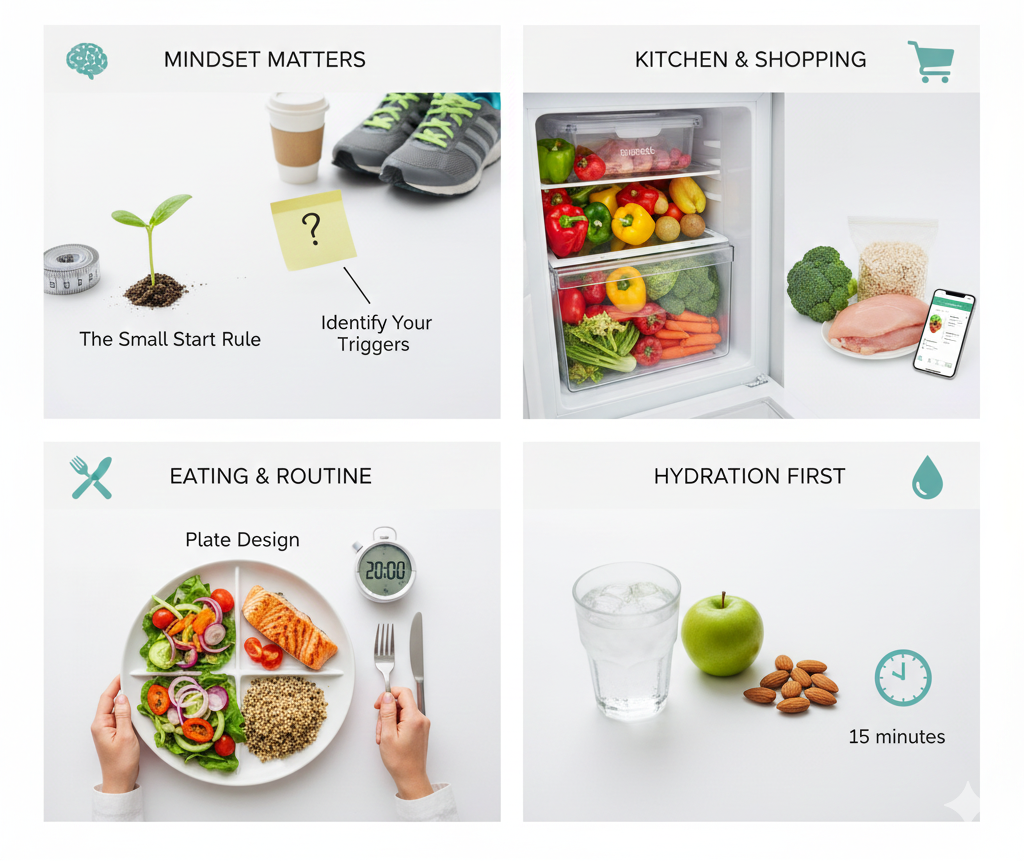 Healthy meal prep containers showing portion control and balanced ingredients on a clean white background